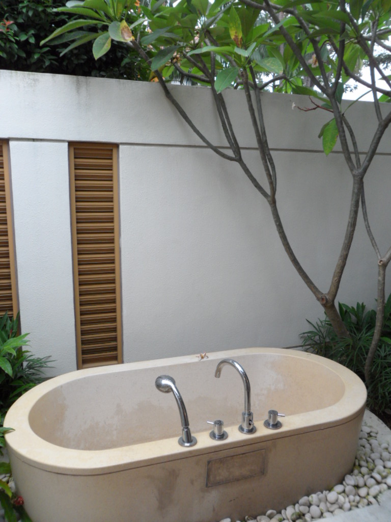Open air bathtub with overhanging Frangipani Tree
