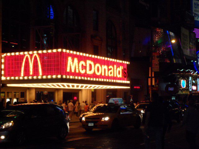 Iconic McDonalds with many light bulbs at its entrance NYC