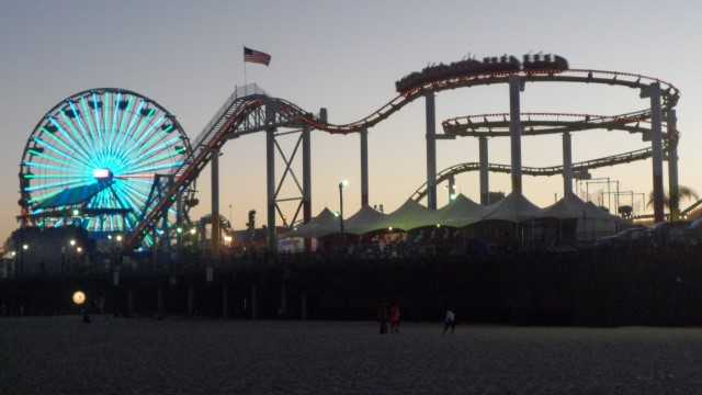 View of Ferris Wheel and Roller Coaster at Santa Monica (With Light)