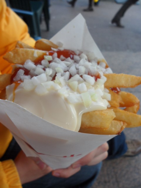 Large frites with special sauce (3.3 euros) Albert Cuypmarkt Amsterdam