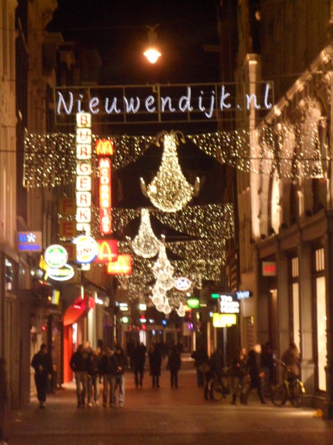 Night lights along shopping mall street near Dam Square Amsterdam