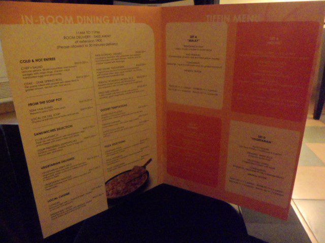 Menu of In room dining