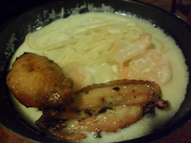 Shrimp Cream Sauce with Spaghetti and Chicken Wings from Churrasco