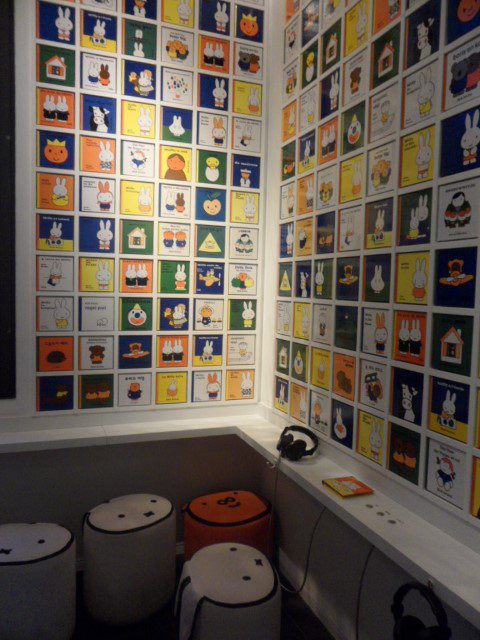 Walls filled with Miffy Square Books in different languages Dick Bruna House