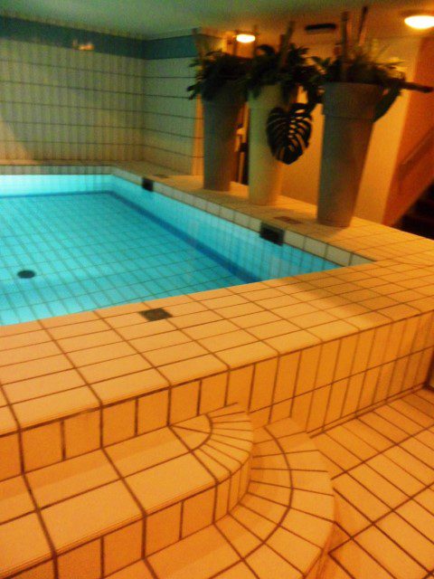 Another view of the pool with stairs leading to the gym