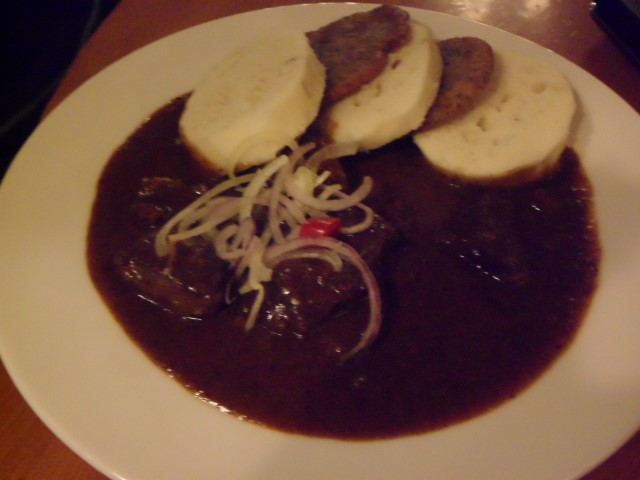 Beef Goulash Restaurant Olympia Prague - A little salty but the bread and potato patty were chewy and tasty