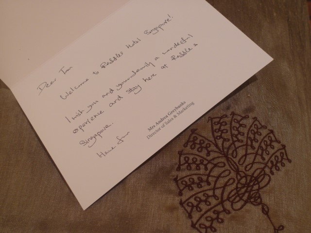 Personalised, Hand Written Welcome Note of Raffles Hotel