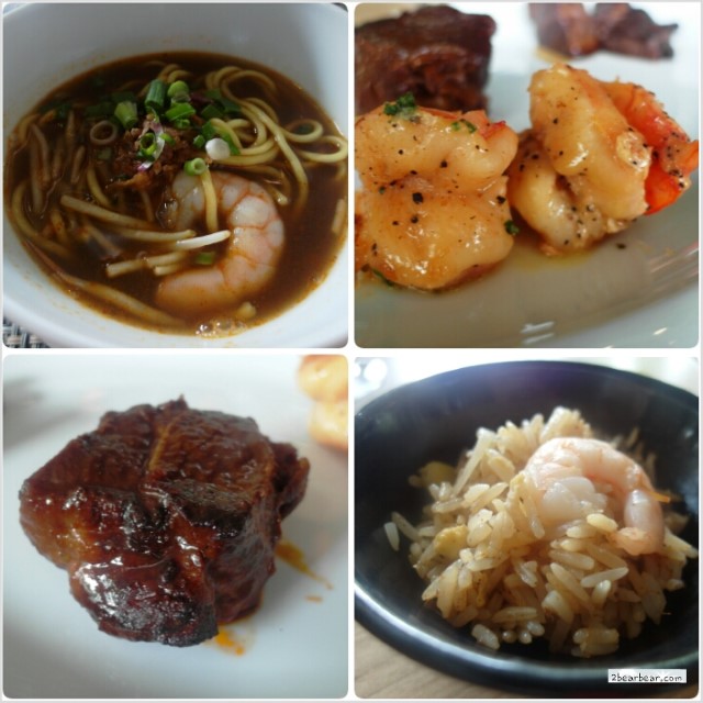 Prawn noodles, Braised lamb shank, fried rice and tiger prawns!