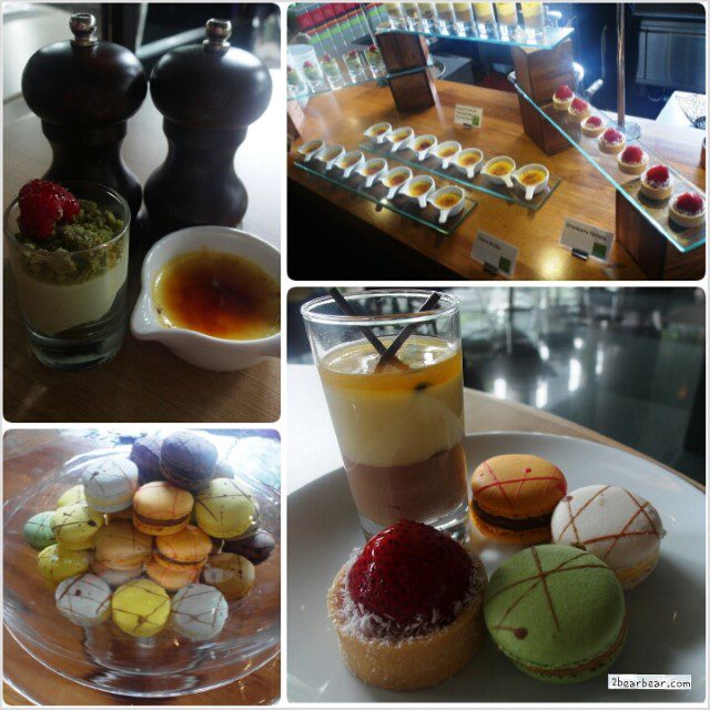 Macarons, green tea tiramisu and creme brulee