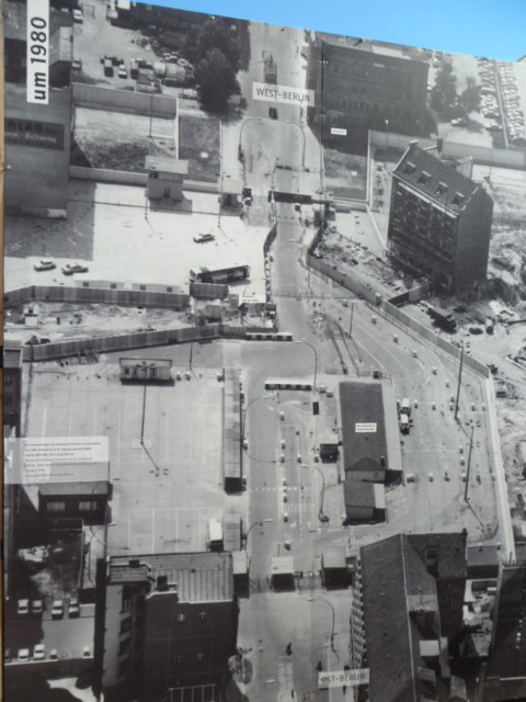 Aerial view of Checkpoint Charle : West Berlin at the top and East Berlin at the bottom