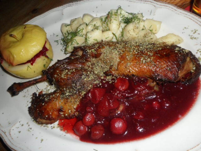 Folk Gospoda (Warsaw Poland)Smoked duck with raspberry sauce (43zl) and yes, that's an apple!
