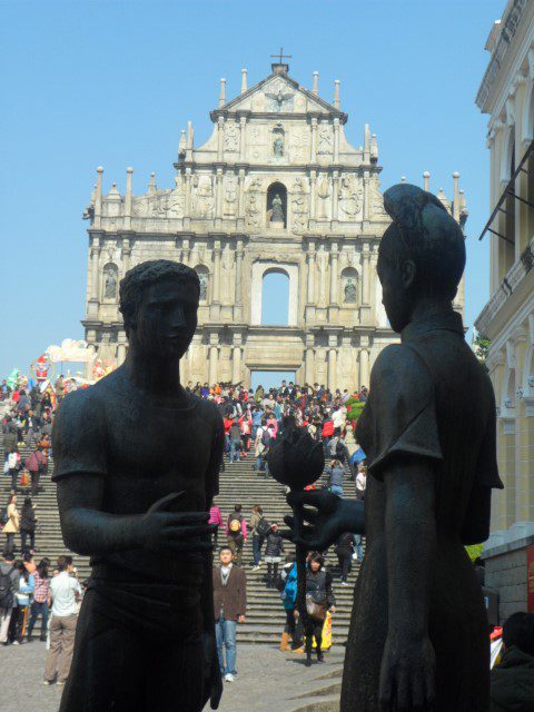 Arty shot of Ruins of St. Paul's by Kate with statues at the bottom of the stairs