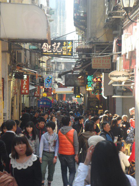 Shopping Street Macao selling food snacks with abundance of almond cookie gift shops!