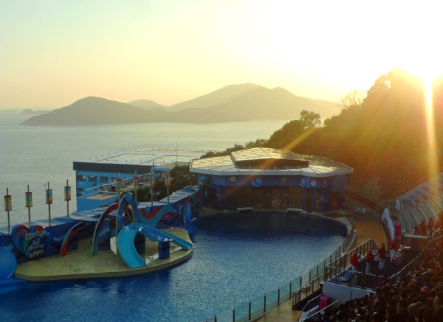 Ocean Theatre with Sunset as the backdrop at Ocean Park Hong Kong 