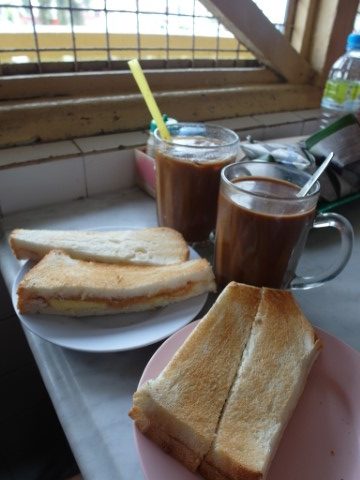 Iced Coffee , Kopi with Peanut Butter and traditional Kaya Butter Toast at Kluang RailCoffee