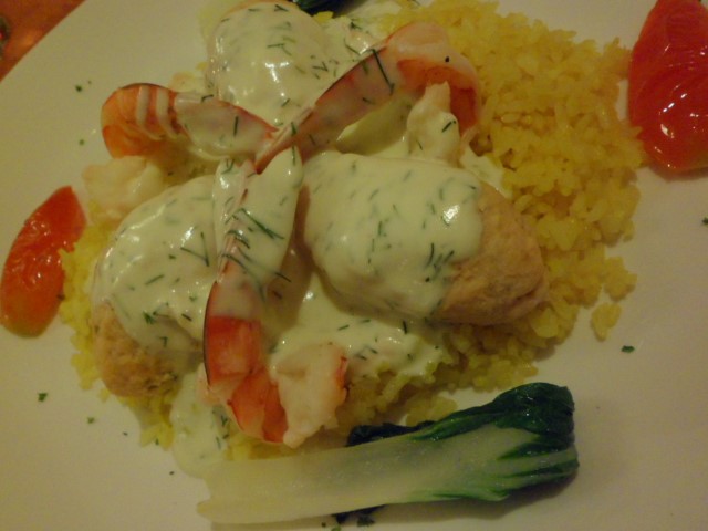 750 peso for set dinner. norweigen salmon with prawns in dill sauce. yummy. salmon was soft unlike dry hard ones