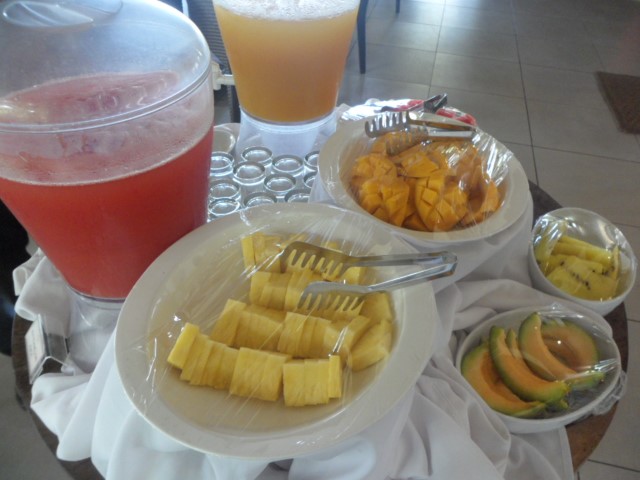 Fruits and fresh mango and watermelon juice.