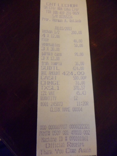 Receipt for lunch at CnT Lechon