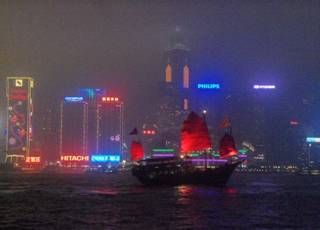 Typical Red Hong Kong sail boats at Victoria Harbour