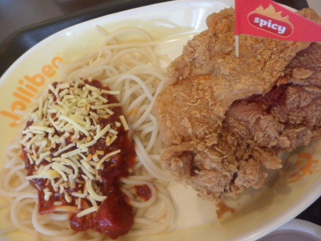 Spaghetti meal with one piece chicken and coke at Jollibee
