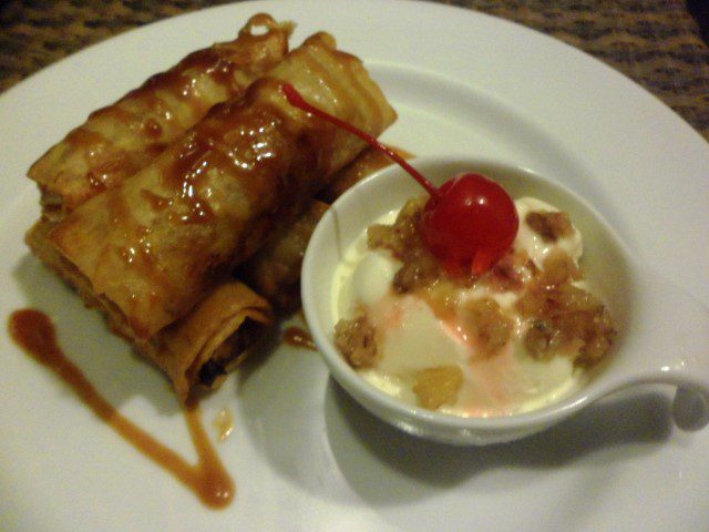 Turon de bohol - Banana Jackfruit Springroll with caramel sauce and ice cream (210 pesos)