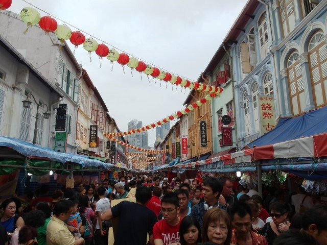 Crowded Temple Street during Chinese New Year in Singapore