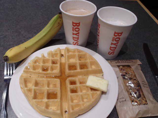 Our self-made waffles with freshly baked breakfast bar with coffee and banana Heathman Lodge Vancouver Washington