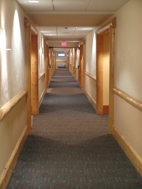 Corridor of Heathman Lodge with birds chirping!