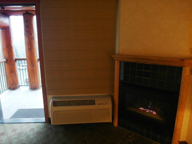 Closer look at the gas-operated fire place (so it's safe!) and balcony