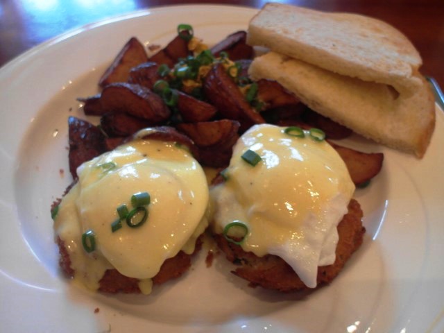 Dungeness Crab Cakes Benedict - 14 USD (Hudson's Bar and Grill Heathman Lodge Vancouver Washington)