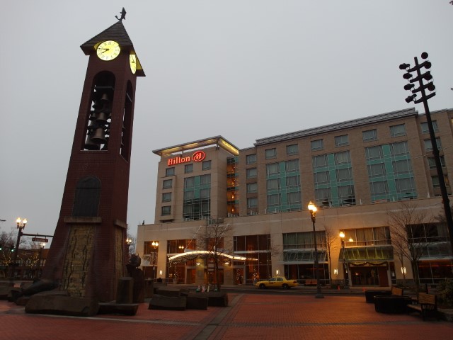 Hilton Vancouver Washington with Bell Tower at Esther Short Park