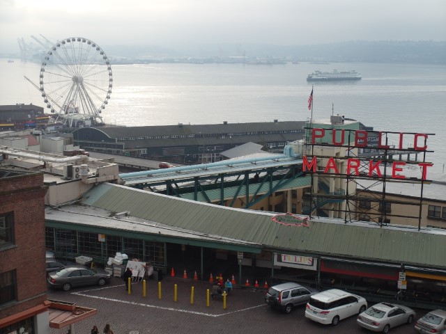 View of Pike Place Market, Seattle Great Wheel and the Bay from Inn at the Market's Roof Top Garden