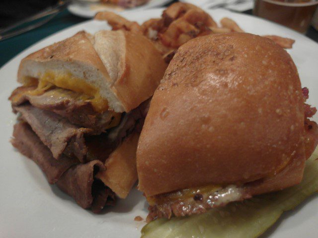 Lost Coast Brewery's Famous Hot Brown - Generous servings of beef with melted cheese between crispy sourdough bread!