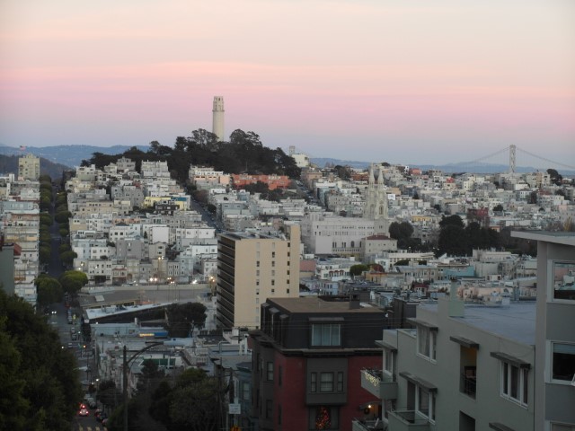Coit Tower and Bay Bridge San Francisco as seen from Lombard Street (Crookedest Street in San Francisco)