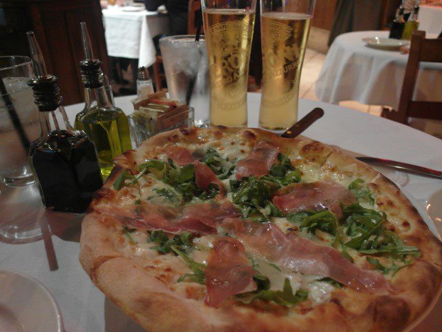 Pizza Bianca Con Arugula E Prosciutto - Fresh mozzarella, fontina cheeses, prosciutto, arugula, shaved parmesan and white truffle oil (Umbria Ristorante San Francisco)