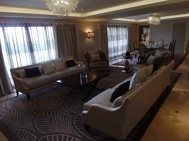 Overview of the living space of the Presidential Suite at Sheraton Bandung