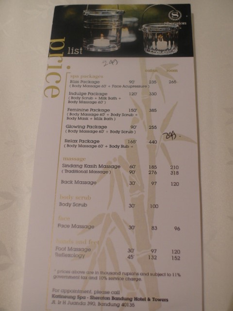 Spa menu of Sheraton Bandung