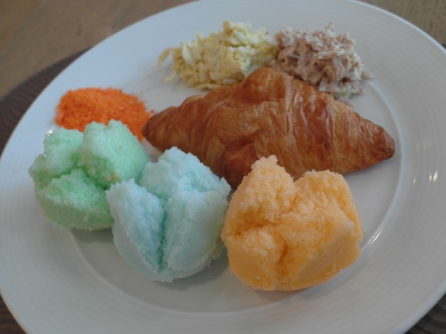 Chinese cakes and croissant with egg mayo and tuna