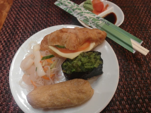Thai salad, sandwich and sushi