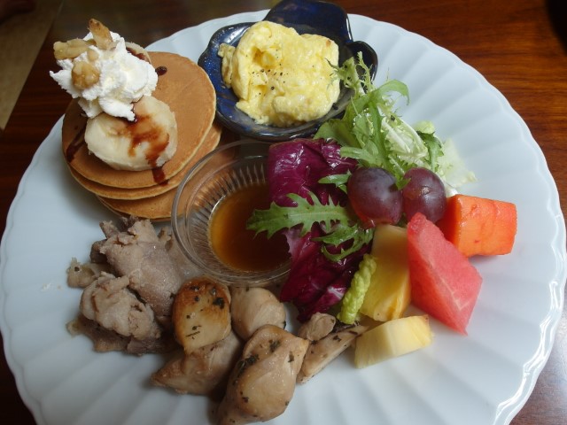 009 Brunch menu only item available before 1pm with pork mushroom eggs and pancakes
