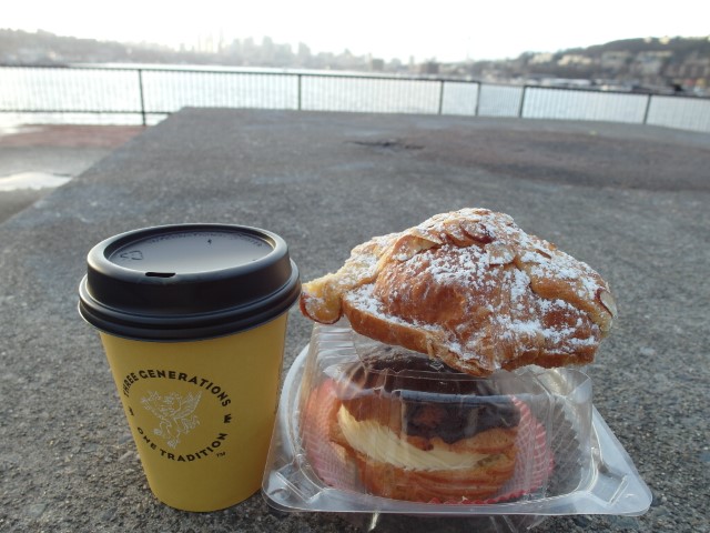 Our breakfast from Le Fournil with Seattle skyline as backdrop