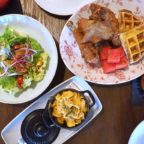 Chicken N Watermelon N Waffles, Macaroni & Cheese, Butter Lettuce and Grilled Mango Salad