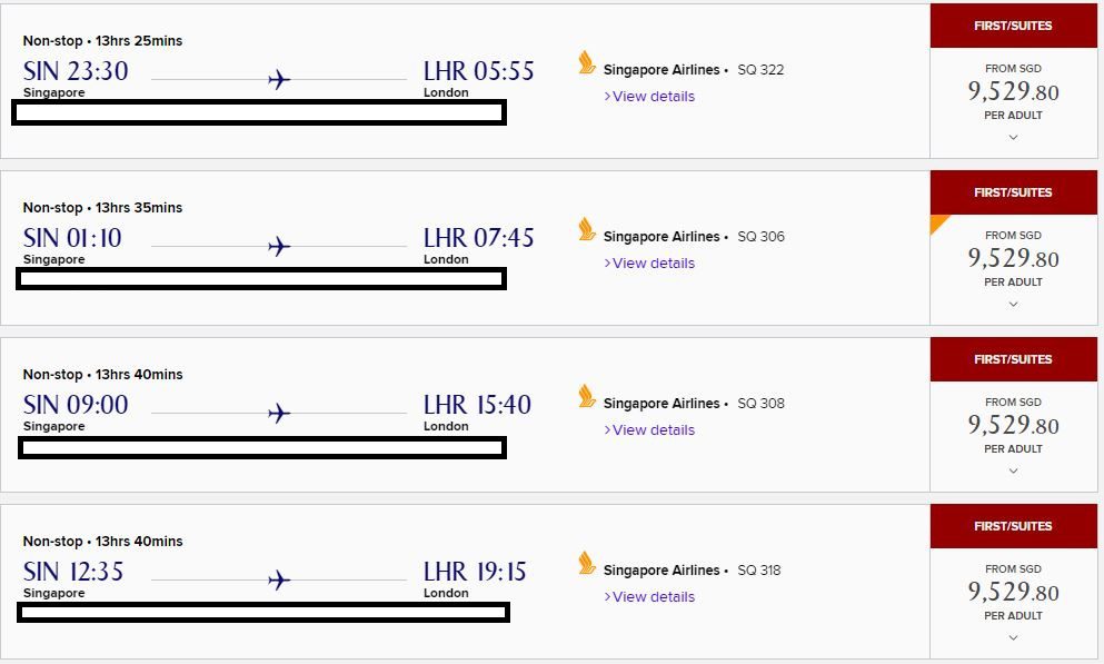 Price of SQ First Class Suites (A380) from Singapore to London