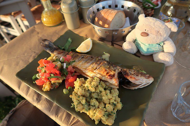 Grilled Sea Bass (16 euros) at Meze Meze Naxos during Sunset