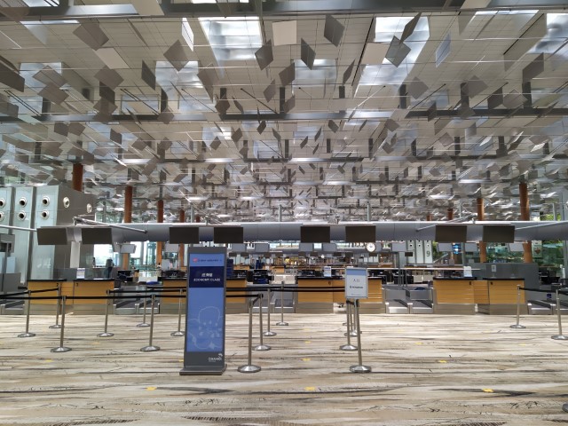 Deserted booths and counters at Singapore Changi Airport Terminal 3