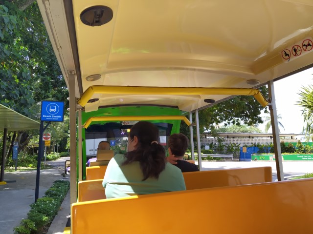 Taking the beach tram to Palawan Beach Sentosa