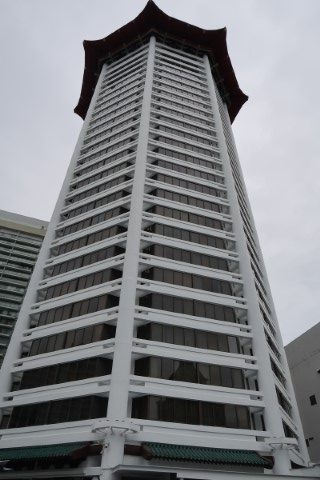 View of iconic Marriott Tang Plaza Hotel Tower from Swimming Pool
