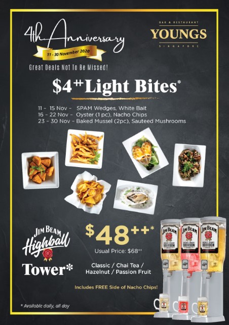 YOUNGS Bar and Restaurant 4th Year Anniversary Deals ($4++ Light Bites)