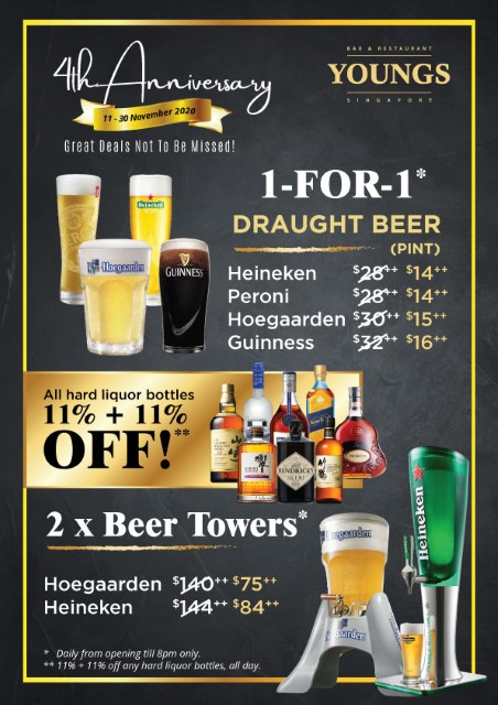 YOUNGS Bar and Restaurant 4th Year Anniversary Deals (1 for 1 Draught Beer)