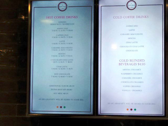 Closed up Menu of Premium Coffees at La Patisserie Quantum of the Seas